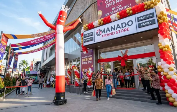 Balon sky dancer di depan toko saat grand opening dengan dekorasi balon warna-warni dan pengunjung yang menghadiri pembukaan.