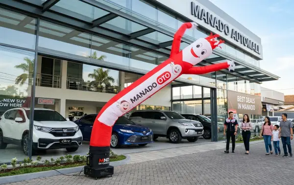 Balon sky dancer Manado sebagai media promosi di depan showroom mobil dengan deretan kendaraan dan calon pelanggan.