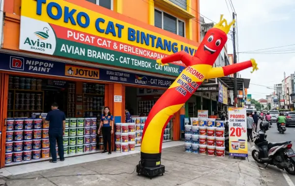 Balon sky dancer Pontianak berwarna merah dan kuning di depan toko cat sebagai media promosi produk.