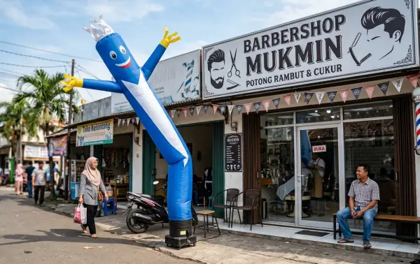 Berwarna biru di depan barbershop untuk menarik perhatian pelanggan yang melintas.