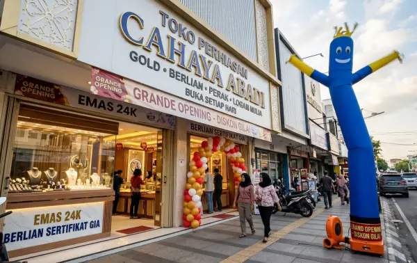 Balon sky dancer Pontianak berwarna biru memeriahkan grand opening toko perhiasan dengan dekorasi balon warna-warni.