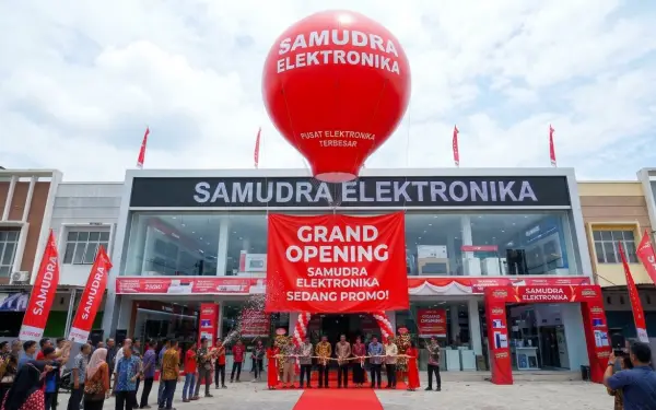 Balon udara Makassar berwarna merah untuk memeriahkan grand opening toko elektronik dengan spanduk promosi di depan gedung.