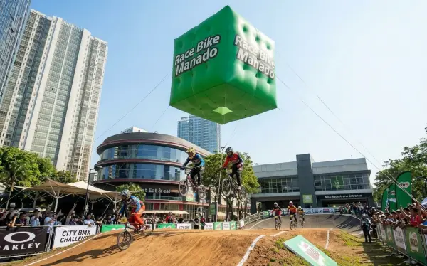 Balon udara berbentuk kubus dengan logo Race Bike Manado di ajang perlombaan sepeda BMX.